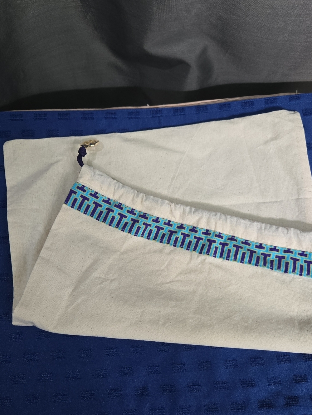 Tory Burch Cream Canvas Dust Bag with Blue and Teal Trim